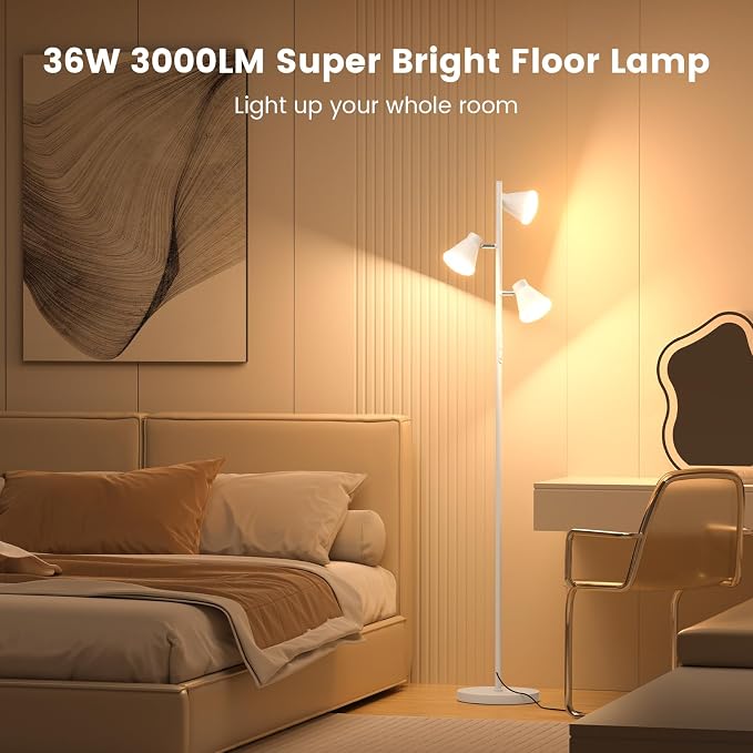 SIBRILLE 36W LED Tree Floor Lamp, Dimmable Tall Standing Lamp with Remote & Touch Control, 4 Color Temperatures Bright Floor Lamp, 3 Rotatable Light Modern Floor Lamps for Living Room Bedroom Office