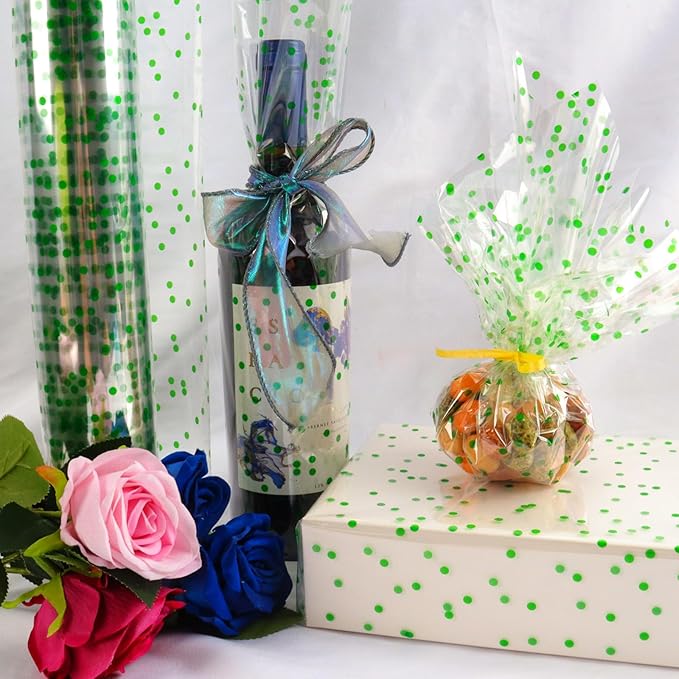 CMFYHM Clear Cellophane Wrap Roll (34" x 100’Ft) Green Polka Dot Cellophane, Transparent Cellophane Roll for Treats, Gifts, Baskets, Flowers, Birthday Party,Easter, Christmas Decorations