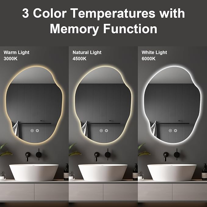Irregular LED Bathroom Mirror with Lights,Asymmetrical Led Bathroom Vanity Mirror for Wall with Backlit, Anti Fog, 3 Colors and Dimmable Light,[Horizontal/Vertical] 30" H x 22" W