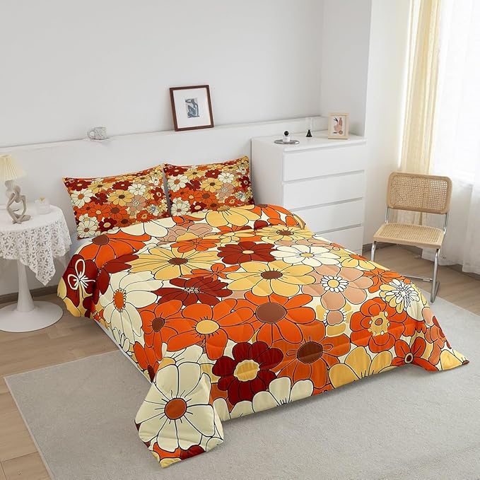 Bohemian Flowers Bedding Set King Size,70s Vintage Floral Comforter Set Room Decor for Couple,Hippie Retro Groovy Botanical Microfiber Down Comforter,2 Pillowcases