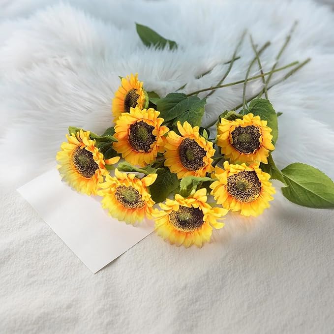 10 Pcs Bendable Sunflower Stems, Silk Flowers for Home Decor, Realistic Yellow Faux Sunflowers, Ideal for Kitchen Arrangements