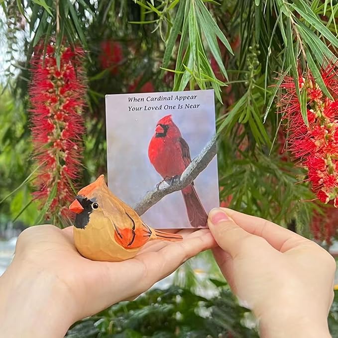 Handmade Wooden Northern Cardinal Figurine - 3.7" Hand-Carved Female Bird Statue - Solid Basswood Bird Sculpture for Home Decor, Christmas Ornament, Memorial & Bird Lover Gift