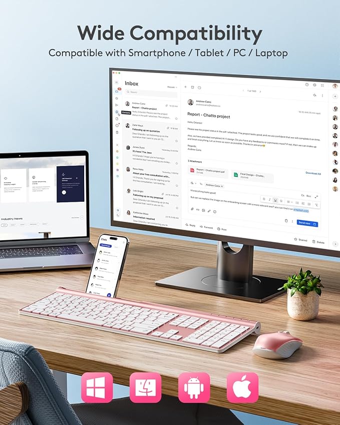 Samsers Wireless Keyboard and Mouse Combo Ultra Slim Rechargeable Dual-Mode (Bluetooth 5.0x2 +2.4G) Silent Keyboard and Mouse Set, Multi-Device Full-Size Design for MacOS/iOS/Android/Windows - Pink
