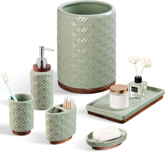 RQYIXI Elegant 6 PCS Ceramic&Wood Bathroom Accessories Set:Soap Dispenser,Toothbrush Holder,Tumbler,Soap Dish,Tray,Trash Can,Easy to Clean,Quatrefoil Pattern,Green-Affordable Home Luxury