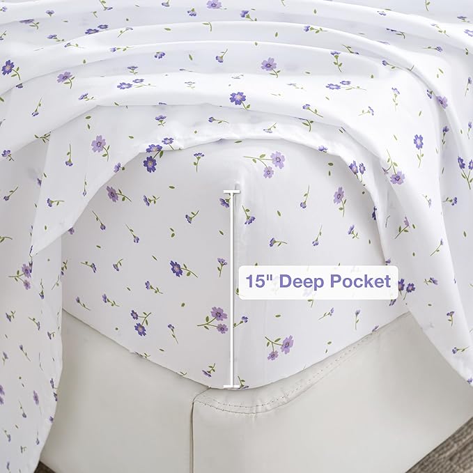 Softan Purple Floral Twin Size Sheet Set, 3 Pieces Microfiber Single Bed Sheets for Girls, Cozy Fitted Sheet with 15" Deep Pockets & Non-Slip Straps, Cute Purple Flower Sheets & Pillowcase Set