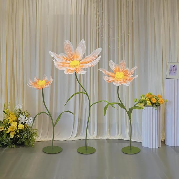 3Pcs Wedding Artificial Daisy Flowers Giant Artificial Paper Flowers Artificial Daisy Flower 3-Head Giant Fake Flowers with Standing Stems and Base for Wedding Wall Party Decor