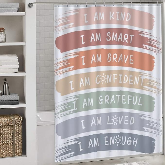 Boho Rainbow Shower Curtain, Cute Inspirational Motivational Quotes Cartoon Rainbow Colorful Pastel for Kids Girls Baby Waterproof Fabric Bathroom Shower Curtain Set with Hooks,72"x84" Inch