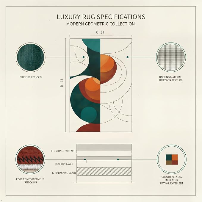 Mid Century Geometric Area Rug 6x9 – Retro Abstract Circle Pattern Rug for Living Room & Bedroom, Low Pile Washable Indoor Rug with Non-Slip Backing