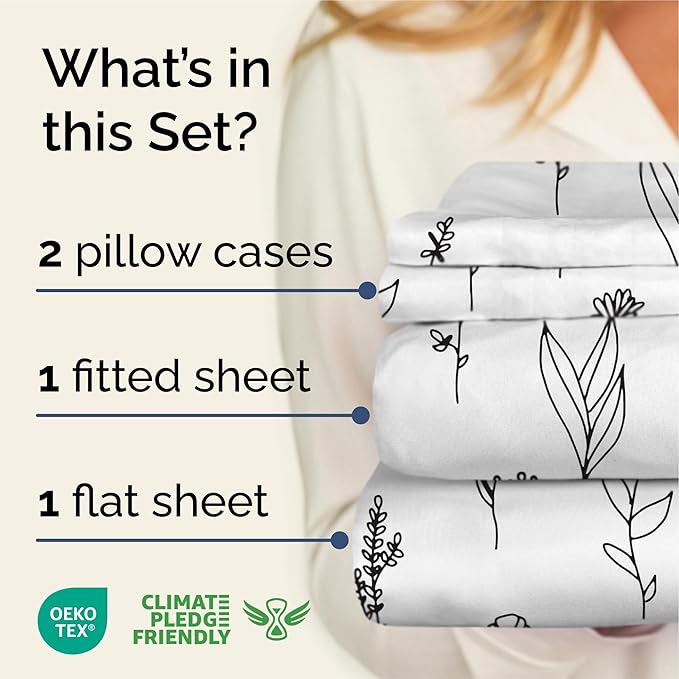 Floral Sheets - Black & White Floral Bed Sheet Set - 1 Flat, 1 Fitted & 2 Pillowcases w/ Deep Pockets - Wrinkle & Fade Free - Boho Botanical Bedding - Ultra-Soft, Breathable & Cooling - Queen Size Set