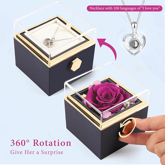 Preserved Real Purple Forever Rose Rotating Box with I Love You Necklace 100 Languages,Forever Flowers Rotating Jewelry Box Gifts for Women Mom Wife Girlfriend,Mothers Day Birthday Anniversary