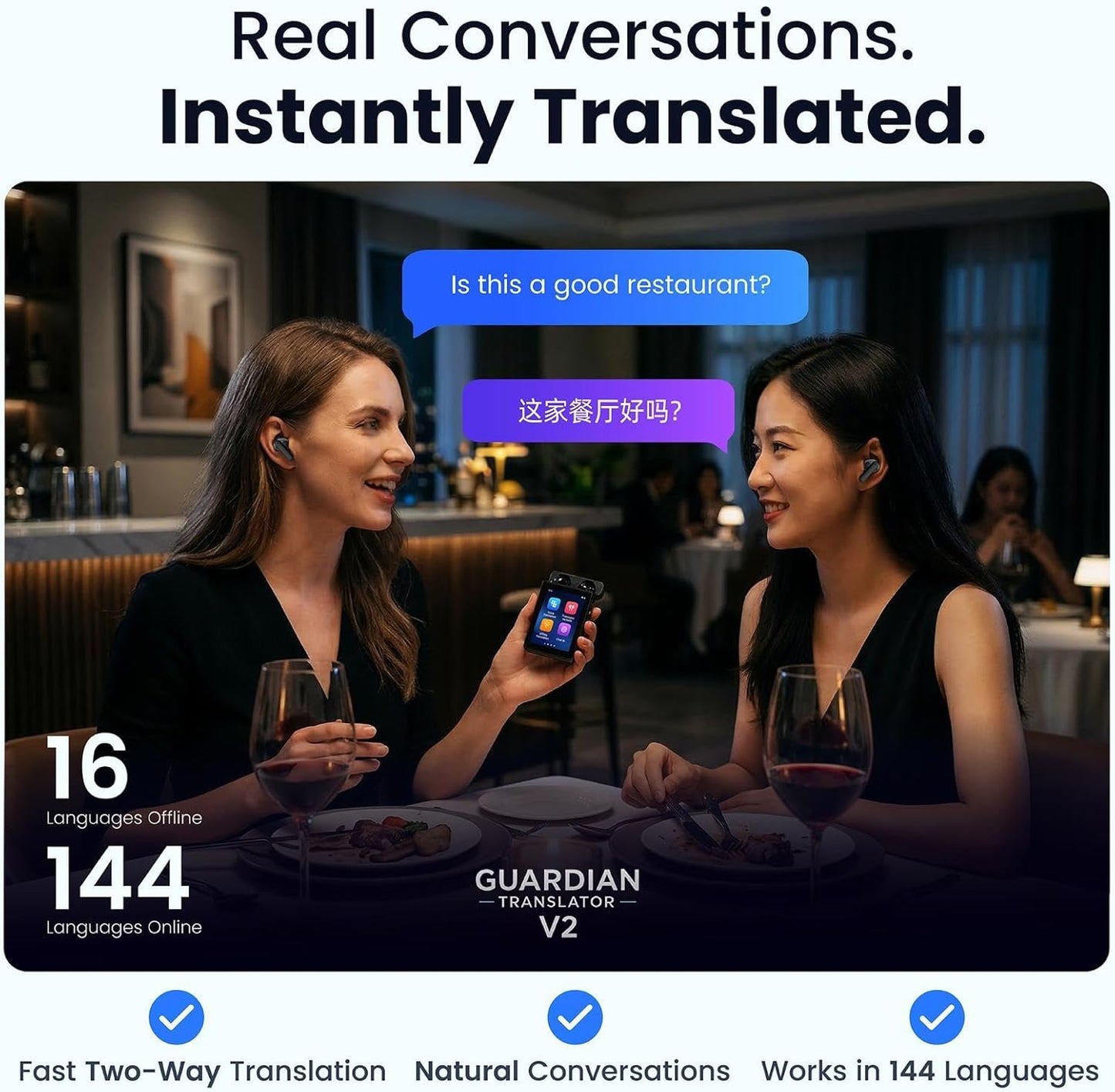 V2 AI Translator Device - Real-Time Two-Way Voice & Camera Translation | 144 Languages | Built-In ChatGPT