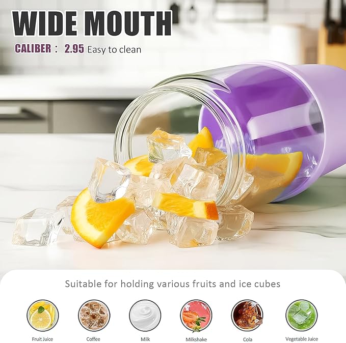 Glass Tumbler with Carry Handle, Clear Glass Water Bottle with Leakproof Lid, Spout Lid&Straw, BPA-Free, 32 oz, Lilac