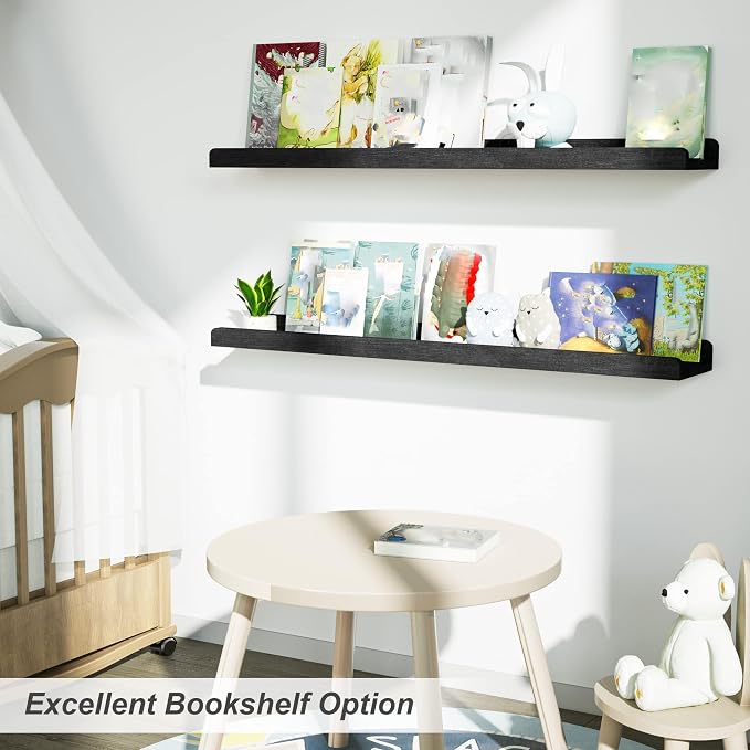 Love-KANKEI 36 Inch Long Floating Shelves Wall Mounted Set of 2, Large Wood Wall Shelves for Storage,Rustic Hanging Shelves for Display,Bedroom, Living Room,Bathroom,Kitchen, Black