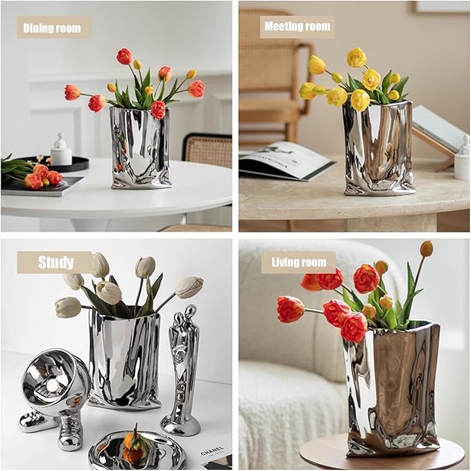 Ceramic Flower Vase, Crinkle Paper Shape, Silver Metal, Decorative Home Accent (Small)