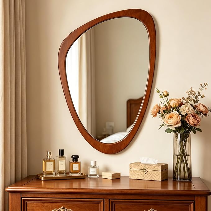 Ferytange Asymmetrical Wall Mirror Wood Frame, 36" H×28" W Modern Irregular Decorative Mirror, Unique Wall Art for Living Room Bedroom Entryway, Mid Century Modern Home Decor