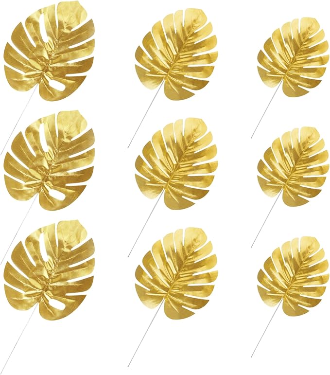 CCINEE 24PCS Golden Artificial Palm Leaves, 3 Sizes Faux Monstera Leaves Simulation Safari Leaves with Stems for Home Hawaiian Luau Party Jungle Beach Theme Party Decoration