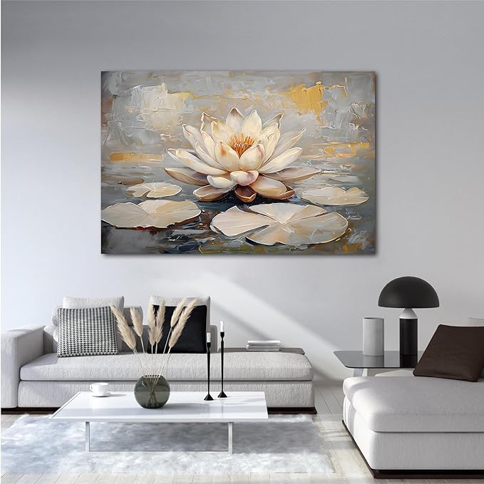 Ethereal white lotus floating on Crystal Waters poster vintage oil painting printwall art soft blush and gold accents serene home and office decor dreamy 24x36in Wood Framed