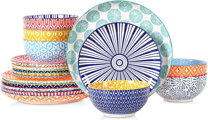Selamica Ceramic Plates and Bowls Sets,18 Pieces Dinnerware Sets for 6,Dishwasher & Microwave Safe dish set,Family & Holiday Dining, Assorted Colors