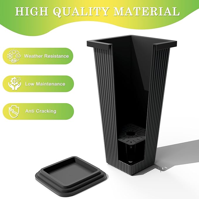 Set of 4 24" Tall Plastic Planters with Trays, Large Tapered Plant Pots for Indoor Outdoor Use, Modern Decorative Planters for Porch, Patio, Garden, and Backyard