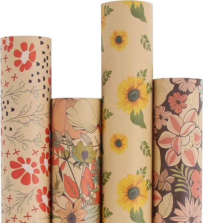 Aimyoo Kraft Floral Wrapping Paper Bundle, Vintage Sunflower Flower Gift Wrap Paper for Wedding Bridal Shower Birthday Rolls of 4, 17 in x 16 ft per Roll