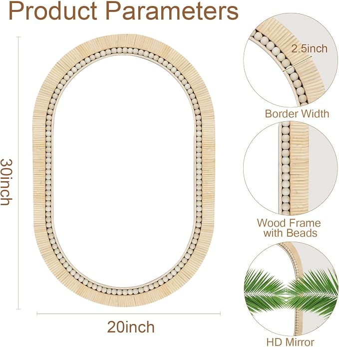 ULIKE Rattan Mirror for Bathroom, 20x30 Inch Oval Rustic Farmhouse Wall Decor with Handmade Wicker Frame, Boho Mirror for Nursery Bedroom Living Room Entryway