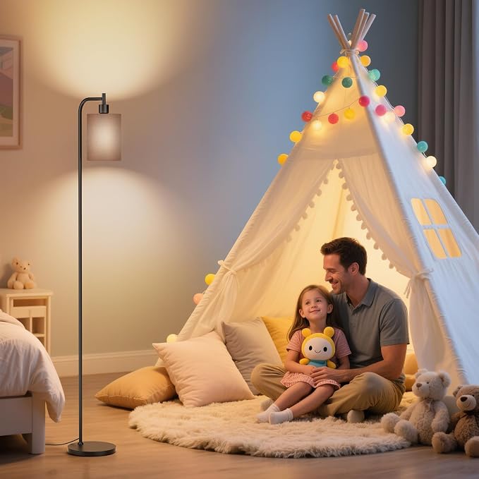 SIBRILLE Floor Lamp with Linen Shade, Dimmable Tall Standing Lamp with Remote Control & 3 Color Temperatures, Modern Floor Lamps for Living Room Bedroom Office Corner, 9W LED Bulb Included