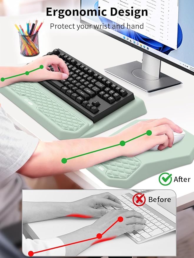 3-in-1 Ergonomic Keyboard Stand with Wrist Rest & Mouse Pad Set, Comfy Keyboard Riser Holder Soft Mousepad with Massage Design, Memory Foam and Non-Slip PU Base for Pain Relief, Light Green