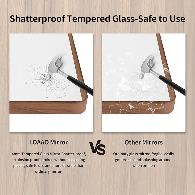 LOAAO 38X38 Inch Bathroom Mirror with Wood Grain Colored Metal Frame, Rounded Rectangle Metal Framed Bathroom Mirror, Anti-Rust, Hangs Horizontally or Vertically, Tempered Glass