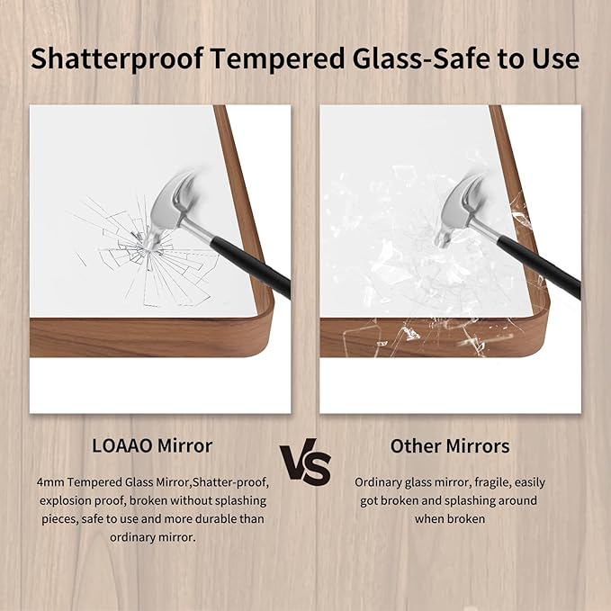 LOAAO 40X32 Inch Bathroom Mirror with Wood Grain Colored Metal Frame, Rounded Rectangle Metal Framed Bathroom Mirror, Anti-Rust, Hangs Horizontally or Vertically, Tempered Glass