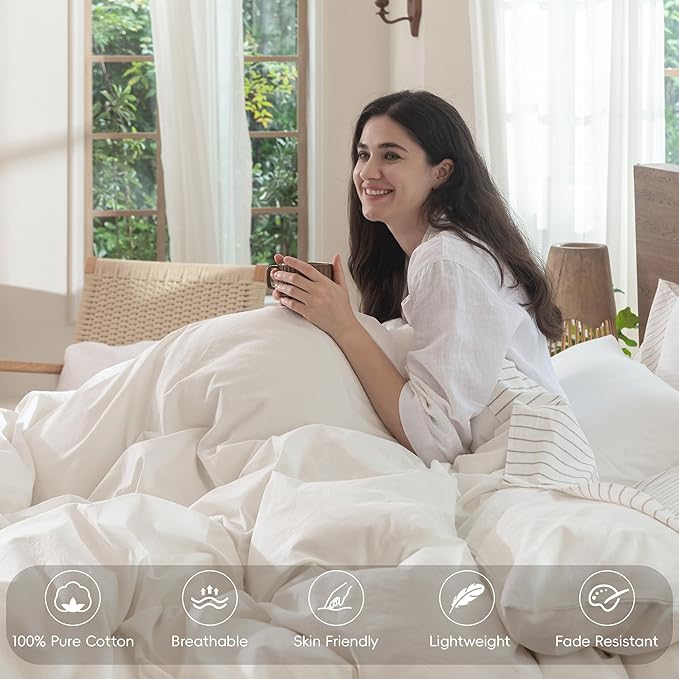 MooMee Bedding Duvet Cover Set 100% Washed Cotton Linen Like Textured Breathable Durable Soft Comfy (Solid Off White, Cal King 104"x98")