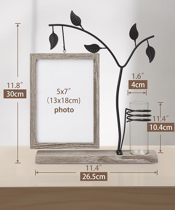 Afuly 5x7 Picture Frame with Bud Vase for Plants Flowers, Family Picture Frames Rustic Double Photo Frame Tabletop Display Decor, Anniversary Wedding Gifts, Dark Brown