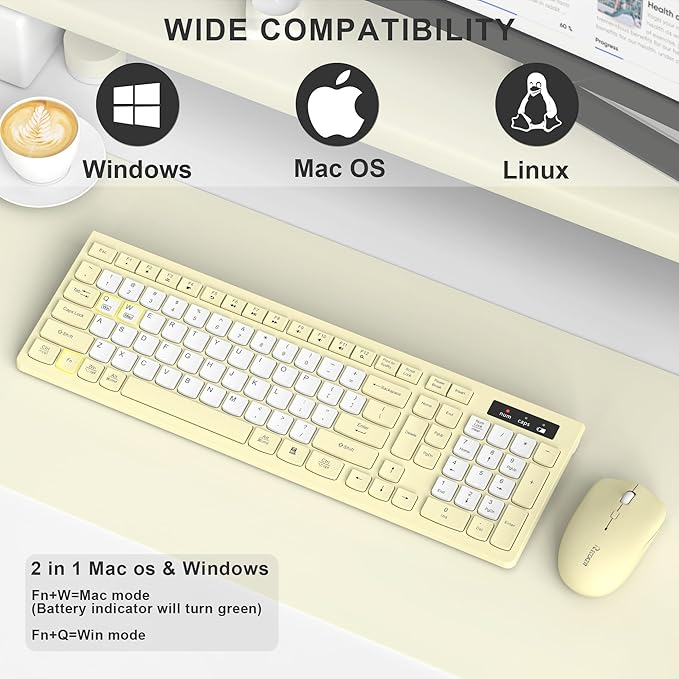 Wireless Keyboard and Mouse Combo, Full-Sized Wireless Keyboard and Adjustable DPI Mouse, 2.4GHz USB Receiver, Silent Keyboard and Mouse for PC, Windows, MAC, Desktop, Laptop (Canary Yellow-B)