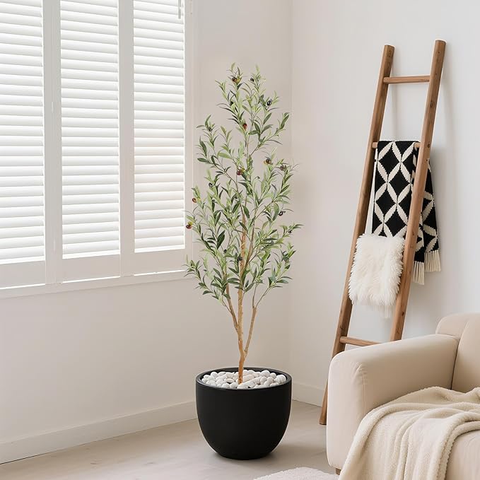 Bellacat Faux Olive Tree 5ft，Olive Trees Artificial Indoor with Natural Wood Trunk and Realistic Leaves and Fruits. 5 Feet(60in) Fake Olive Tree for Home House Office Décor.