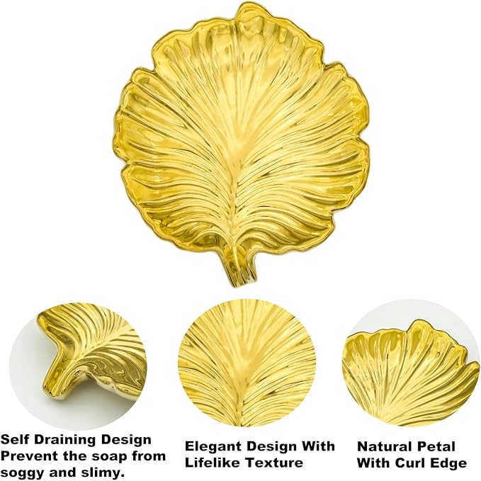 Gold Leaf Bathroom Soap Dish,Ceramic Soap Dish Holder in Palm Leaf Style,Self Draining Design and Used to Hold Various Small Bathroom and Kitchen Accessories