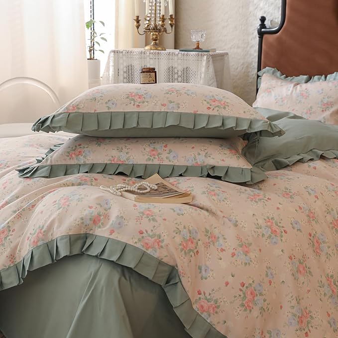 Green Ruffle Duvet Cover Twin Girls Cute Flower Bedding Set Twin 100% Cotton Romantic Lace Comforter Cover for Teen Girls Vintage Floral Botanical Duvet Cover Aesthetic Princess Lace Bedding Set