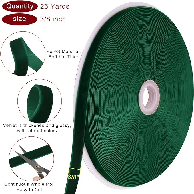 25 Yards Green Velvet Ribbon for Christmas Tree,3/8 Inch Velvet Christmas Ribbon for Gift Wrapping Crafts Bow Wreath Holiday Decorations (Dark Green)