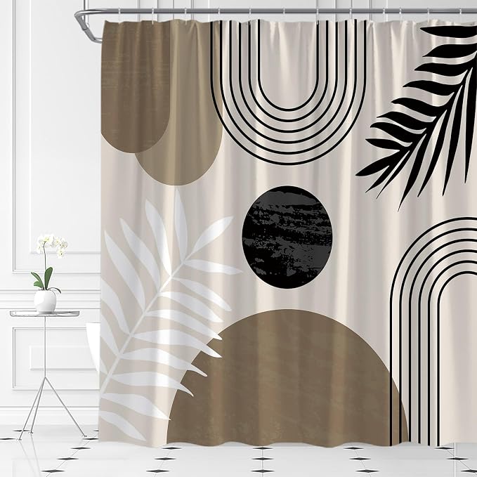 Mid Century Modern Shower Curtain Boho Brown Abstract Retro Aesthetic Fabric for Bathroom Decor Bathtub with Hooks (67" WX70 H)