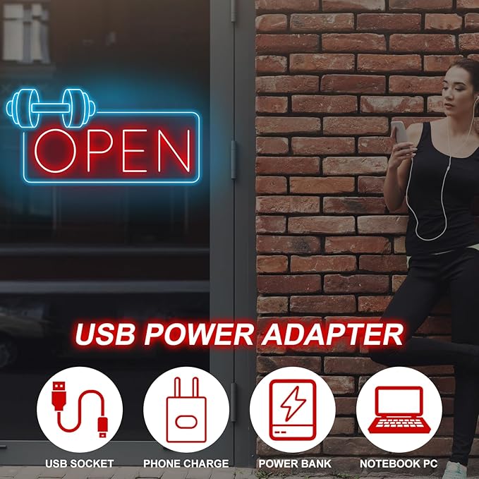 Gym Fitness Open Neon Sign, Dumbbell Open Led Sign, Weightlifting Led Light, Barbell Neon Light, Gym Open Wall Art Decor, House Wall Sign Decor for Business Window Open Signs, Fitness Club Decor