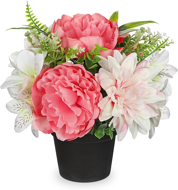 Hot Pink Artificial Flowers Small Fake Flowers in Vase Peonies Dahlia Tiger Lily Potted Silk Flower Arrangements Faux Plants & Flowers Home Bathroom Kitchen Table Centerpieces Desk Decor