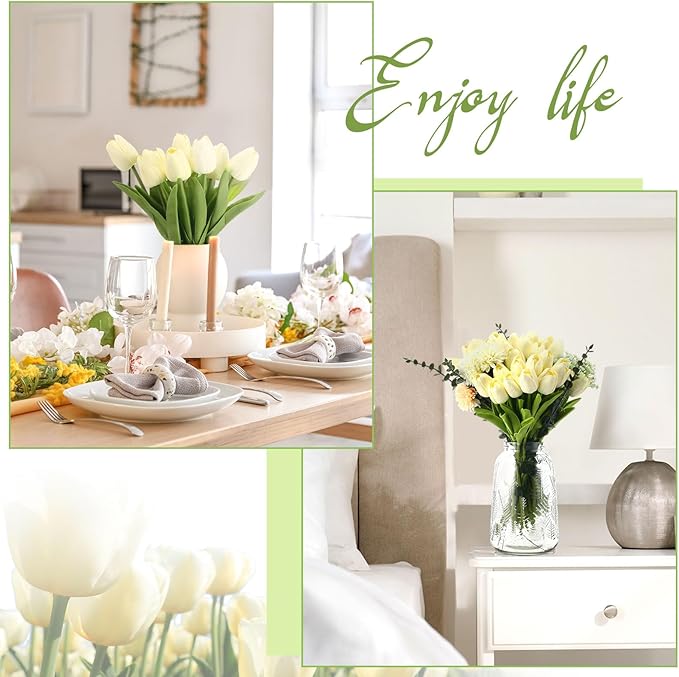 Janinka 75pcs Artificial Tulip Flowers Fake PU Tulips Faux Latex Bouquet Flower Centerpieces Arrangement Floral for Mother Day Wedding Spring Decorations (Milk White)