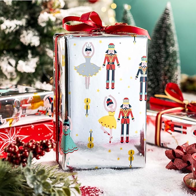 MAYPLUSS Christmas Wrapping Paper Roll - 17IN X 33FT - Nutcracker Gift Wrapping Paper Featuring Ballet Guitar Gold Star Reversible Snowflake for Kids, Holiday, New Year