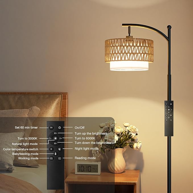 Ambimall Arc Floor Lamp for Living Room with Remote, Color Temperature & Brightness Adjustable, Boho Standing Lamp with Rattan & Fabric Double Drum Shades, Bulb Included(Black)