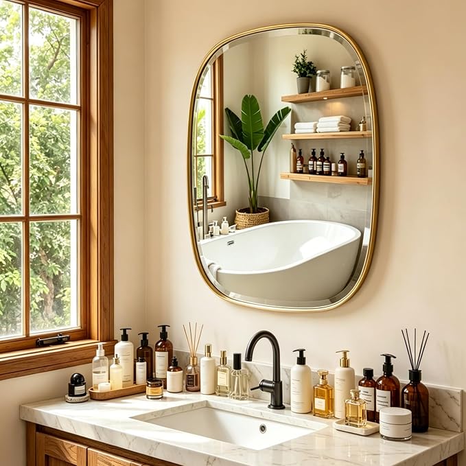POZINO Bathroom Beveled Mirror, 32"x24" Brushed Gold Vanity Mirrors with Stainless Steel Frame, Rectangle Aesthetic Wall Mirror for Entryway Hallway Bedroom Living Room, Horizontal or Vertical Hanging