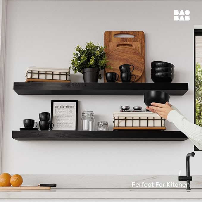 BAOBAB WORKSHOP Wood Floating Shelves for Wall 36 Inches Long - Heavy Duty Wall Shelf for Bedroom, Solid Wooden Bathroom Shelves Large 36 Inch Kitchen Farmhouse - Black Shelf, 36W × 6.7D, Set of 2