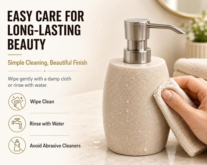 Clasin Home Sandstone Textured Resin Soap Dispenser with Metallic Pump and Waterproof Bottle Labels for Bathroom Kitchen Dish Hand Wash Shower Lotion Shampoo, 12 Oz, 2 Sets Beige