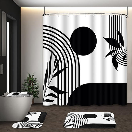 Boho Mid Century Shower Curtain Set with Toilet Lid Cover and Non-Slip Rugs, Abstract Geometric Black White 4 Pcs Modern Minimalist Vintage Shower Curtain for Bathroom Set with 12 Hooks