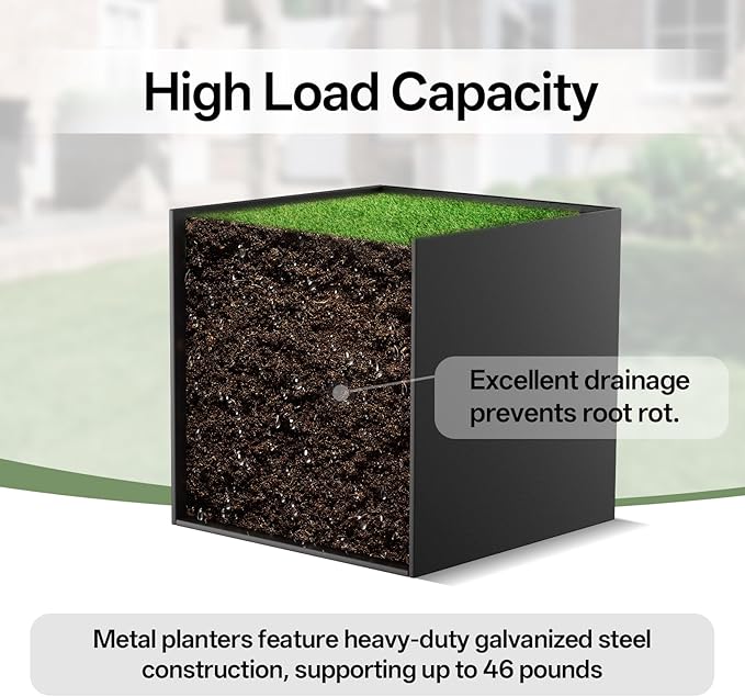Metal Planter Box, 20" x 20"x 20", Heavy-Duty Galvanized Steel Outdoor Planter with Drainage Holes, Rectangular Planter for porches, Gardens, patios, and courtyards，Black