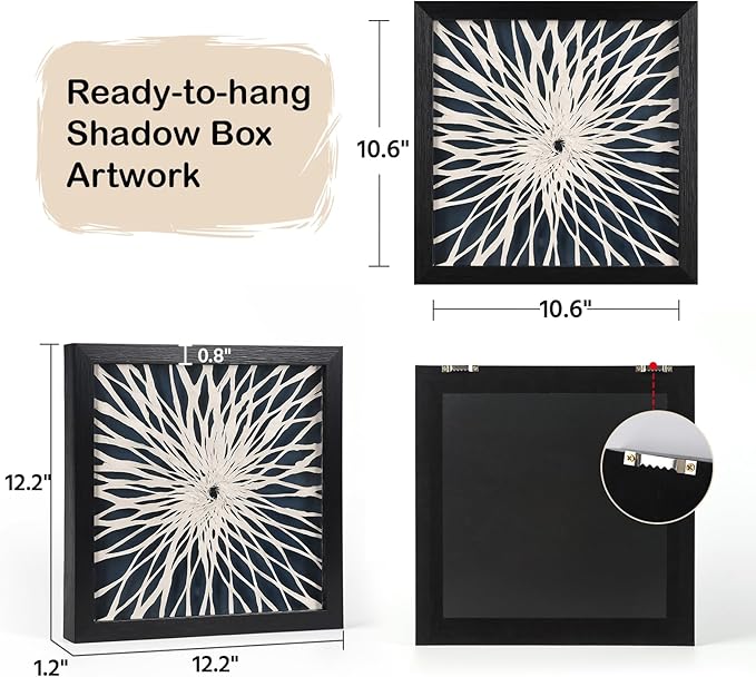 FOLKOR Framed Wall Art for Modern Home Office Apartment, 12" 3D Geometric Black and White Artwork, Natural Paper Abstract Starburst Shadow Box Wall Accent for Living Room Bedroom Classroom