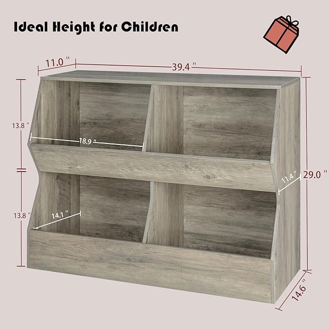 DINZI LVJ Kids Bookshelf, Toy Storage Organizer, Wooden Toy Storage Cabinet, 4 Cubby Children Bookcase, 39.4" L Toddler Book Shelf for Bedroom, Nursery, Hallway, School, Gray Wash