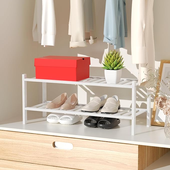 RONGJlA 2 Tier Bamboo Shoe Rack for Closet Free Standing Wood Shoe Shelf Storage Organizer for Entryway Small Space Stackable, White